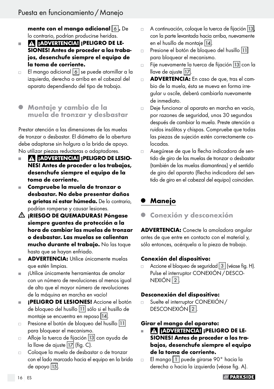 Manejo, Conexión y desconexión | Parkside PWS 230 A1 User Manual | Page 16 / 63