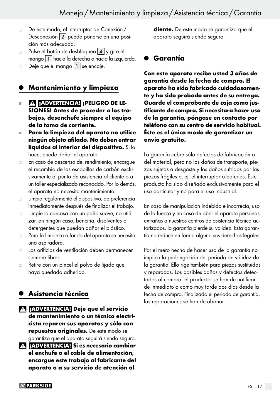 Puesta en funcionamiento / manejo, Mantenimiento y limpieza, Asistencia técnica | Garantía | Parkside PWS 230 A1 User Manual | Page 17 / 63