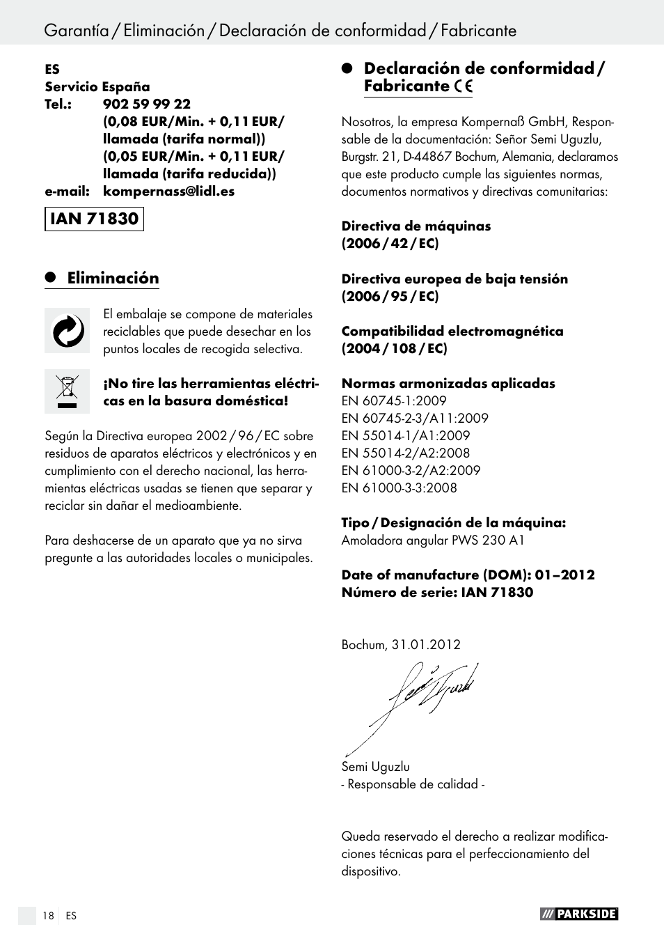 Indice, Eliminación, Declaración de conformidad / fabricante | Parkside PWS 230 A1 User Manual | Page 18 / 63