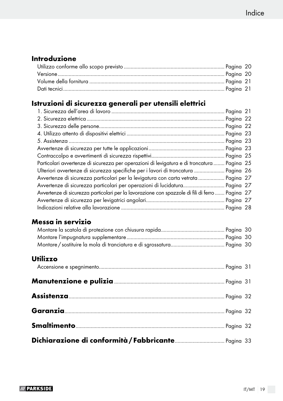 Indice | Parkside PWS 230 A1 User Manual | Page 19 / 63