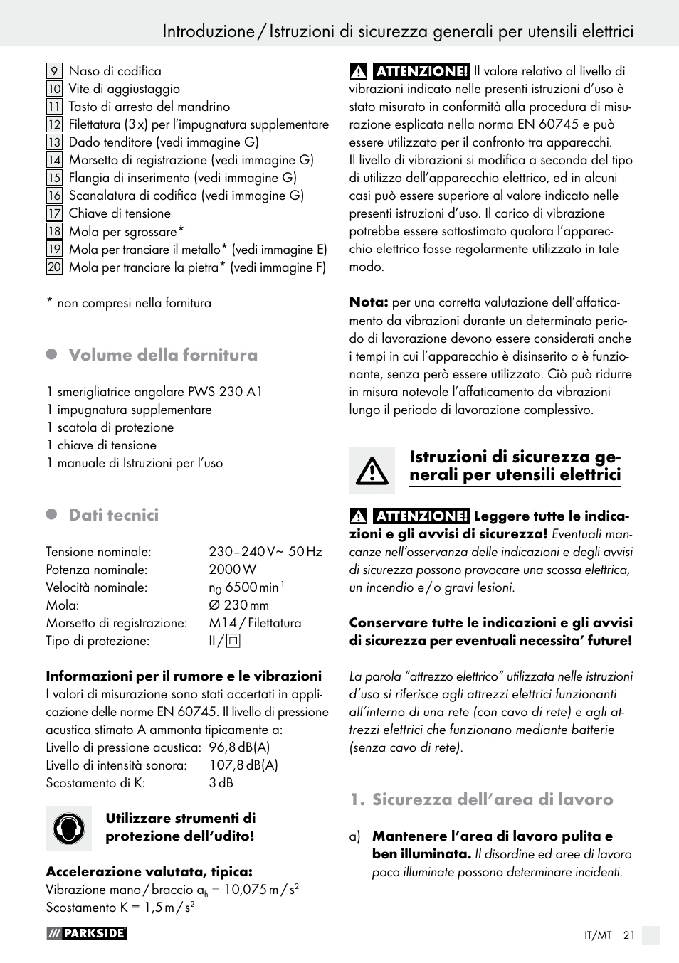 Volume della fornitura, Dati tecnici, Sicurezza dell’area di lavoro | Parkside PWS 230 A1 User Manual | Page 21 / 63