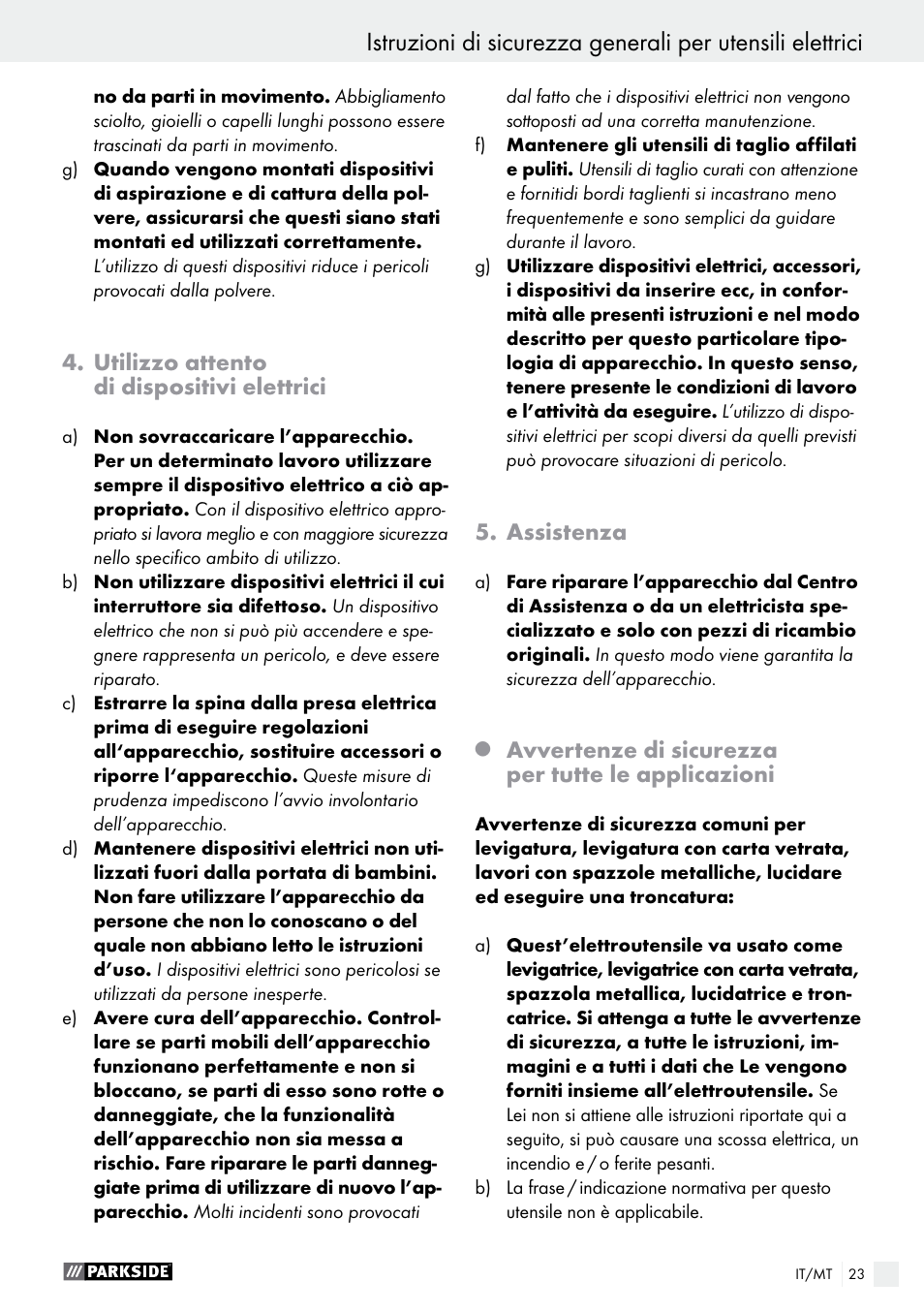 Utilizzo attento di dispositivi elettrici, Assistenza, Avvertenze di sicurezza per tutte le applicazioni | Parkside PWS 230 A1 User Manual | Page 23 / 63