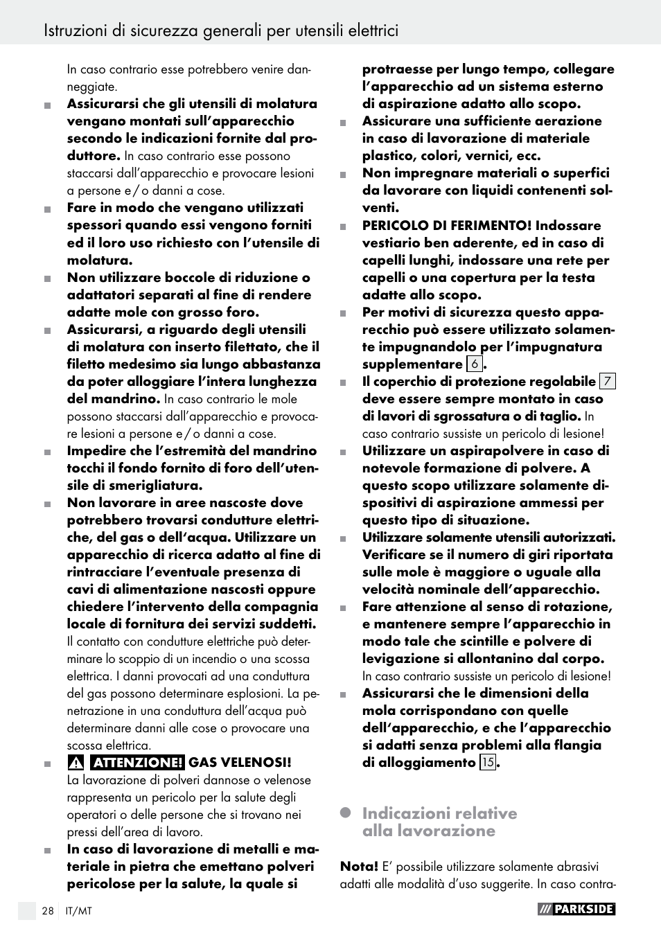 Indicazioni relative alla lavorazione | Parkside PWS 230 A1 User Manual | Page 28 / 63