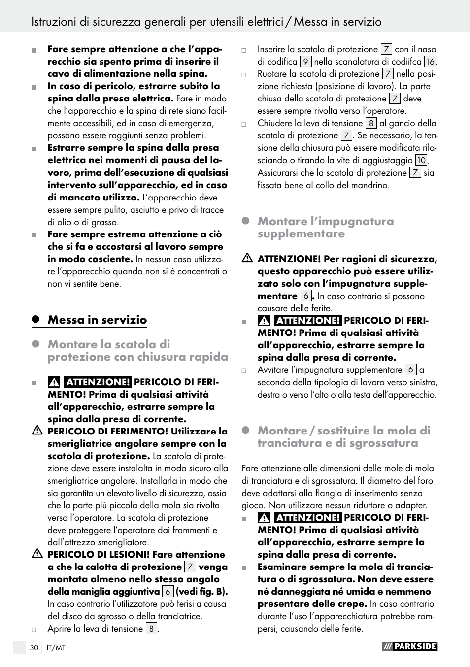 Messa in servizio, Montare l’impugnatura supplementare | Parkside PWS 230 A1 User Manual | Page 30 / 63