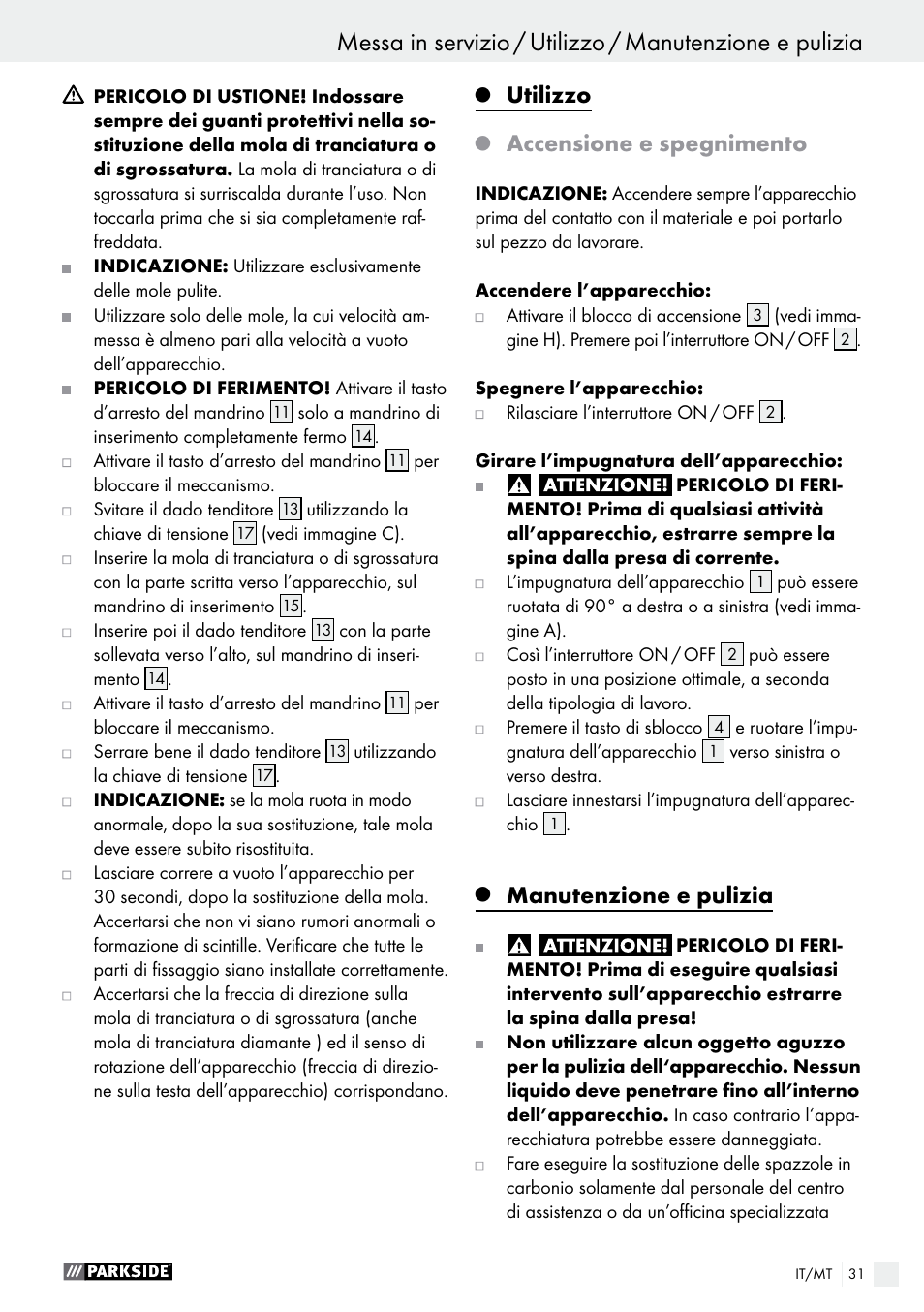 Utilizzo, Accensione e spegnimento, Manutenzione e pulizia | Parkside PWS 230 A1 User Manual | Page 31 / 63