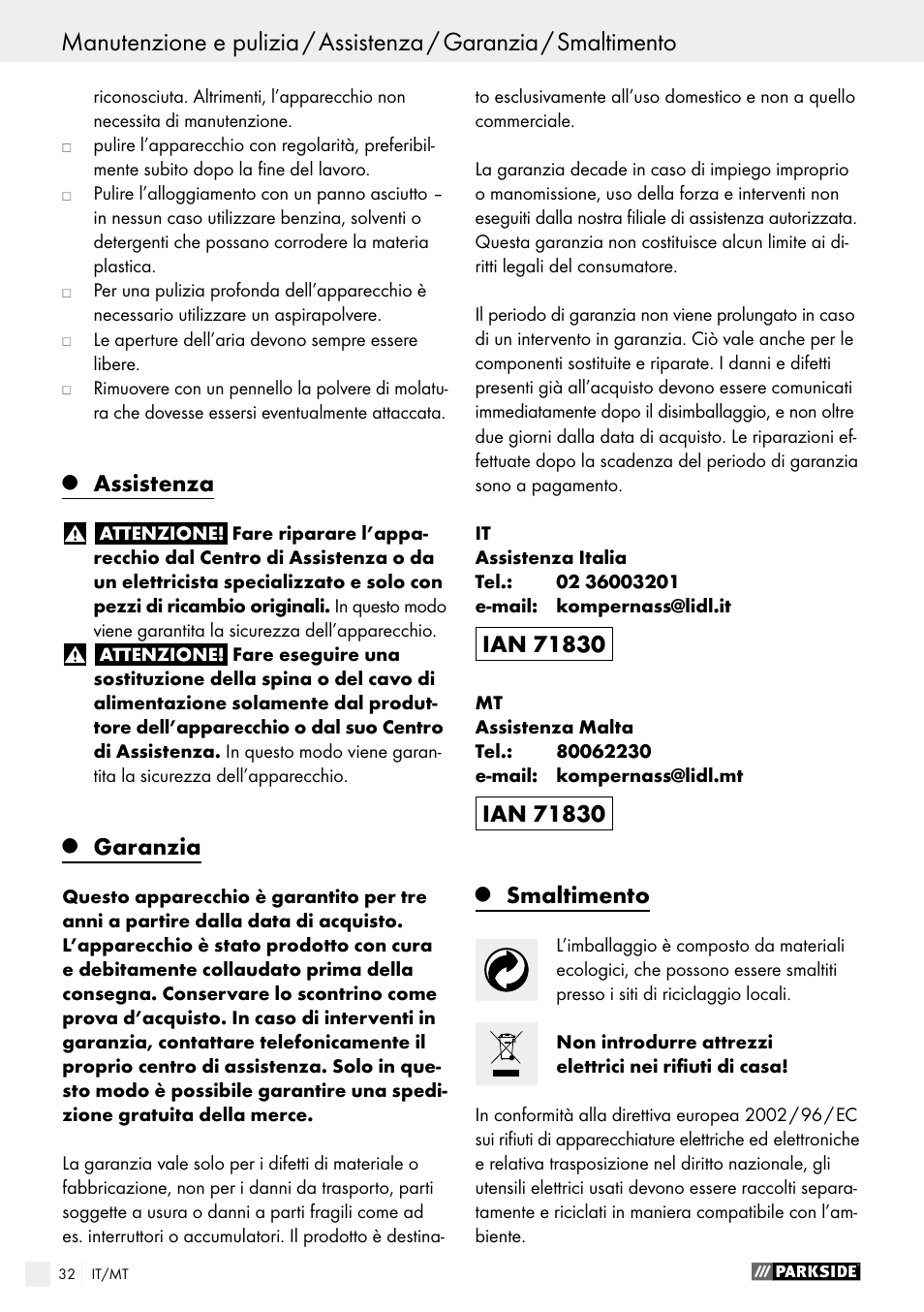 Assistenza, Garanzia, Smaltimento | Parkside PWS 230 A1 User Manual | Page 32 / 63