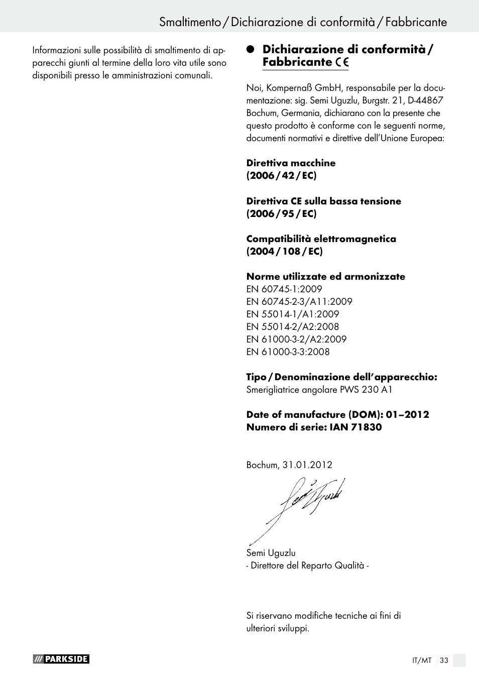 Dichiarazione di conformità / fabbricante | Parkside PWS 230 A1 User Manual | Page 33 / 63