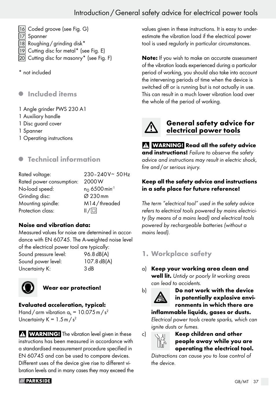 Included items, Technical information, General safety advice for electrical power tools | Workplace safety | Parkside PWS 230 A1 User Manual | Page 37 / 63