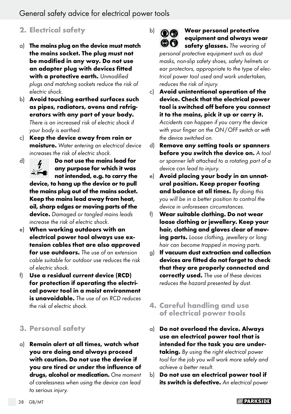 General safety advice for electrical power tools, Electrical safety, Personal safety | Careful handling and use of electrical power tools | Parkside PWS 230 A1 User Manual | Page 38 / 63