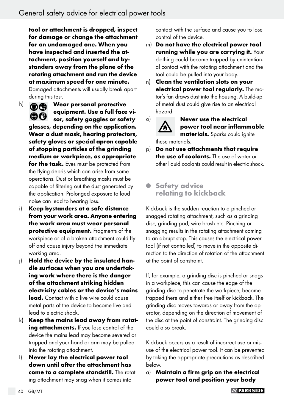 General safety advice for electrical power tools, Safety advice relating to kickback | Parkside PWS 230 A1 User Manual | Page 40 / 63