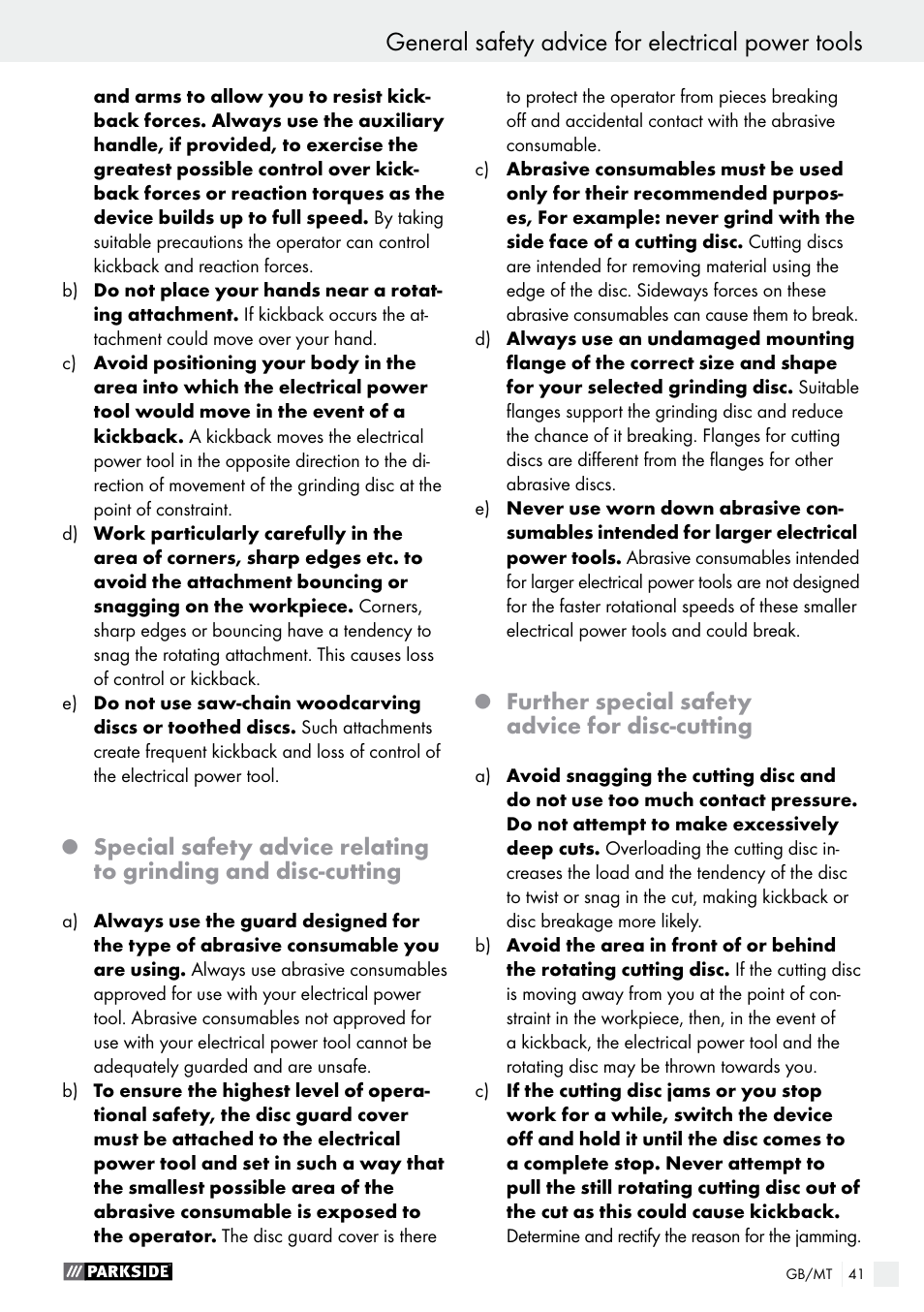 General safety advice for electrical power tools, Further special safety advice for disc-cutting | Parkside PWS 230 A1 User Manual | Page 41 / 63