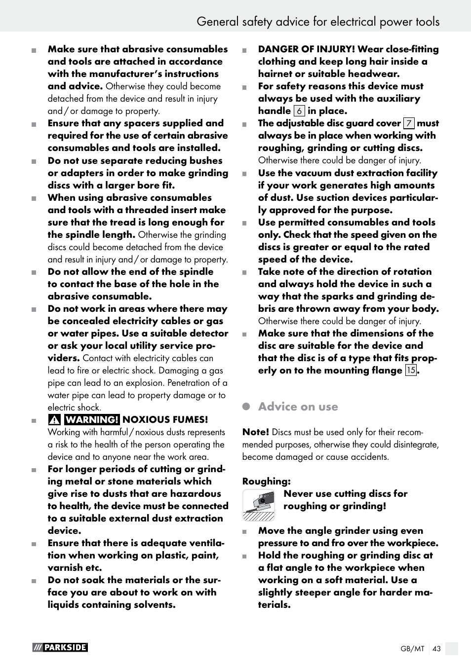 General safety advice for electrical power tools, Advice on use | Parkside PWS 230 A1 User Manual | Page 43 / 63