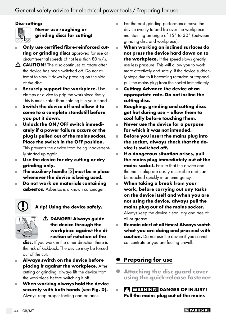 Preparing for use | Parkside PWS 230 A1 User Manual | Page 44 / 63