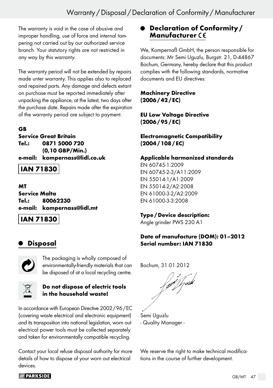 Disposal, Declaration of conformity / manufacturer | Parkside PWS 230 A1 User Manual | Page 47 / 63