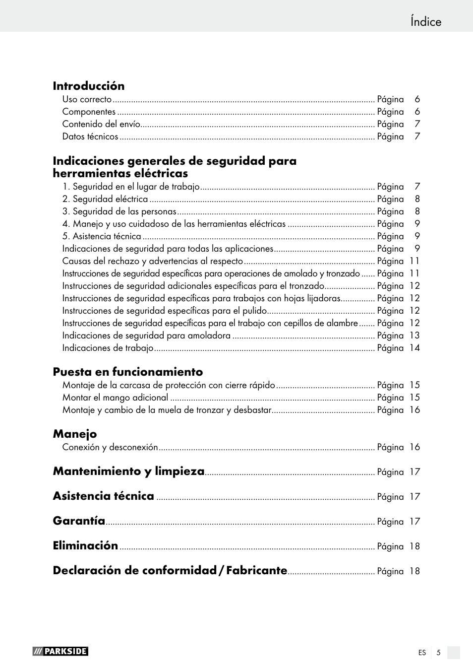 Índice | Parkside PWS 230 A1 User Manual | Page 5 / 63