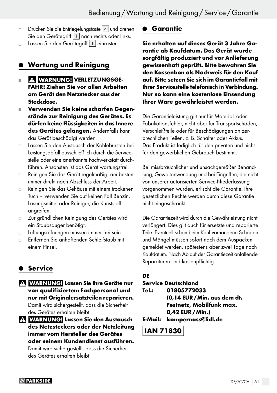 Wartung und reinigung, Service, Garantie | Parkside PWS 230 A1 User Manual | Page 61 / 63