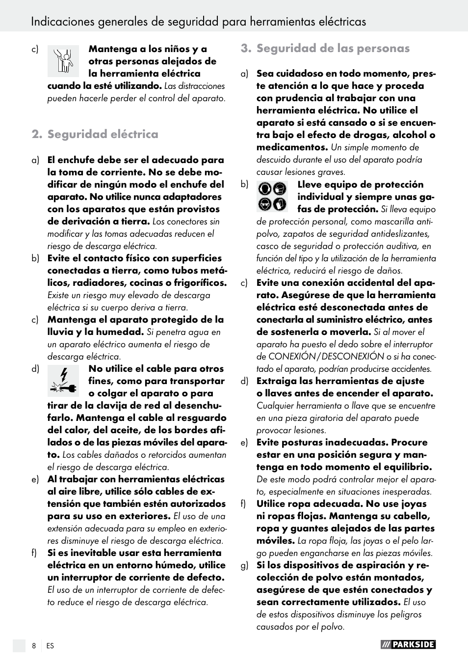 Seguridad eléctrica, Seguridad de las personas | Parkside PWS 230 A1 User Manual | Page 8 / 63