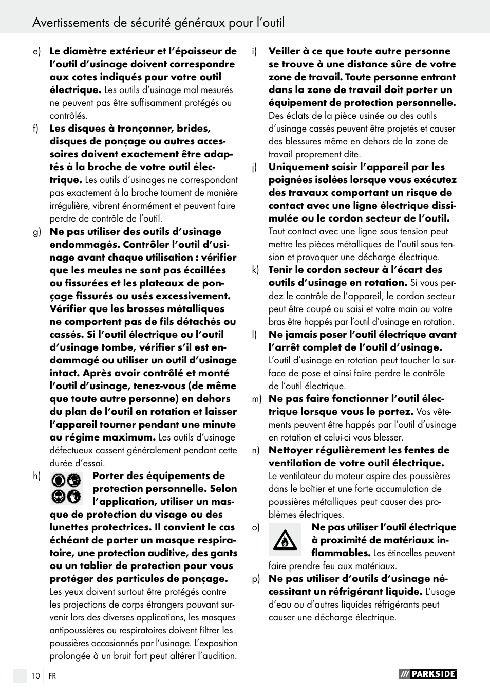 Avertissements de sécurité généraux pour l’outil | Parkside PWS 230 A1 User Manual | Page 10 / 46