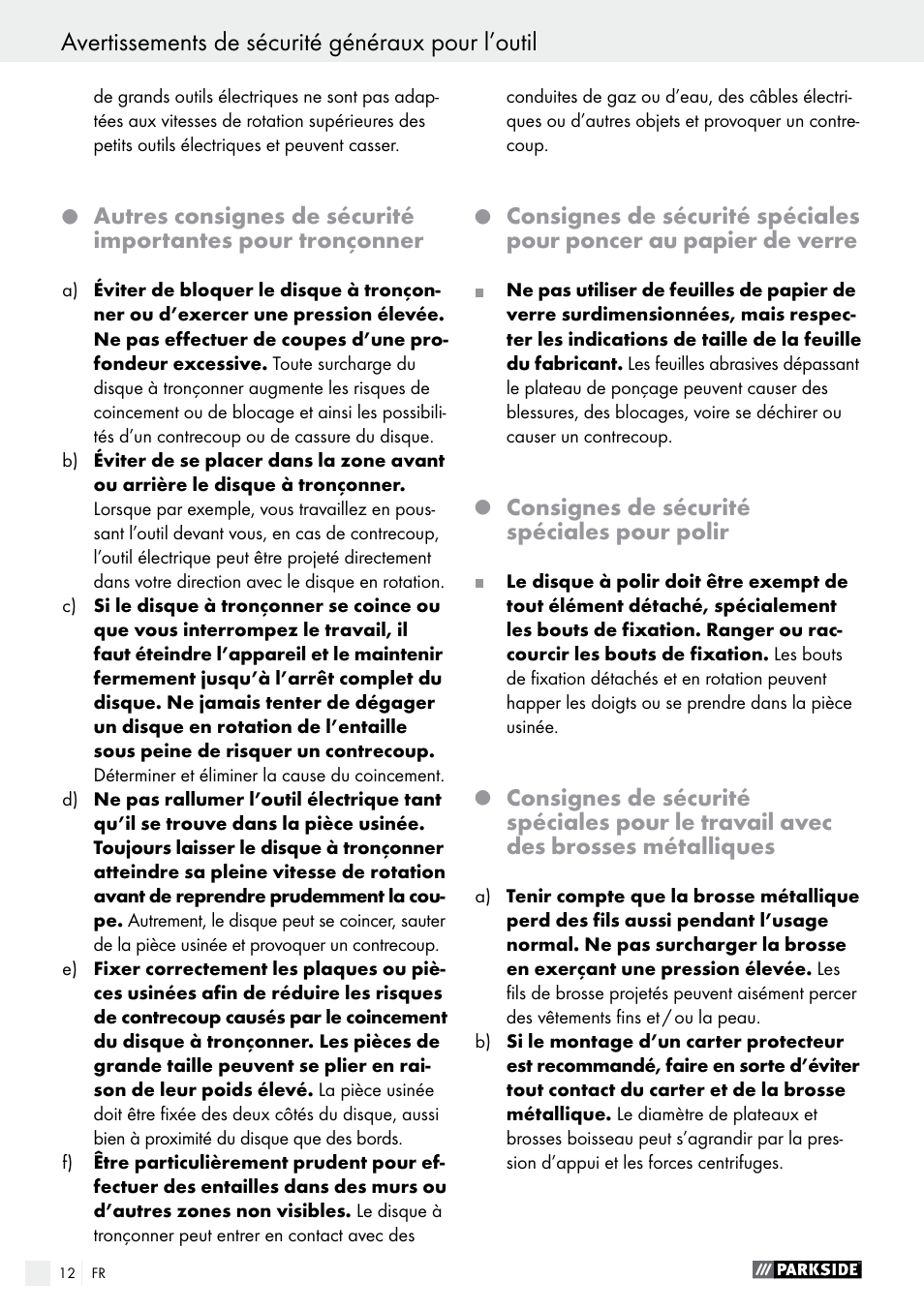 Avertissements de sécurité généraux pour l’outil | Parkside PWS 230 A1 User Manual | Page 12 / 46