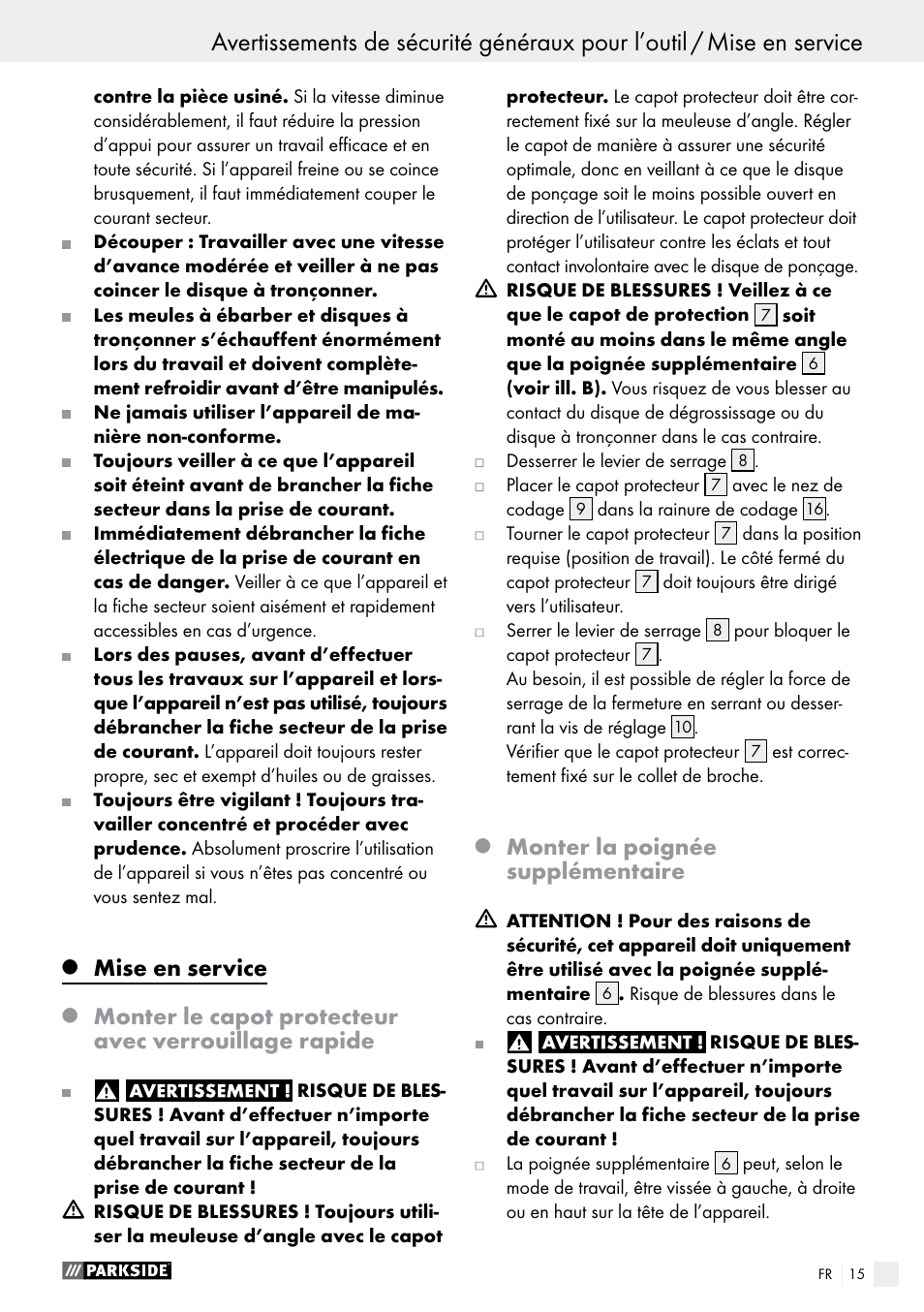 Mise en service, Monter la poignée supplémentaire | Parkside PWS 230 A1 User Manual | Page 15 / 46