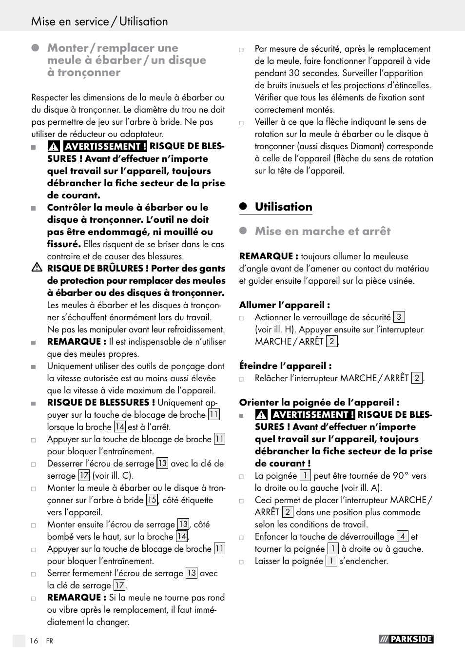Utilisation, Mise en marche et arrêt | Parkside PWS 230 A1 User Manual | Page 16 / 46