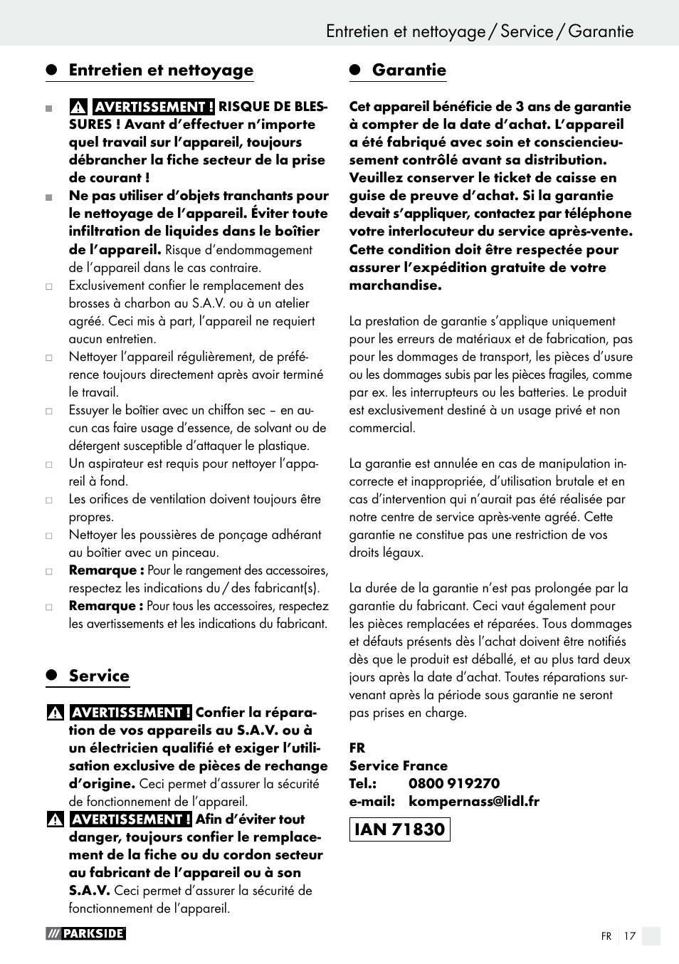 Entretien et nettoyage, Service, Garantie | Parkside PWS 230 A1 User Manual | Page 17 / 46