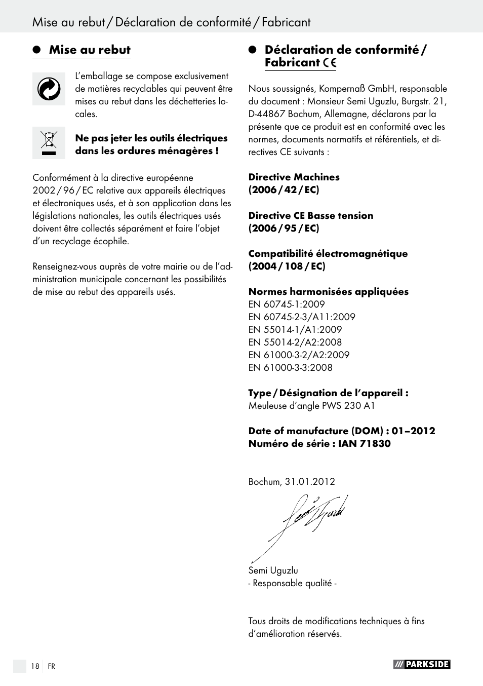 Mise au rebut, Déclaration de conformité / fabricant | Parkside PWS 230 A1 User Manual | Page 18 / 46
