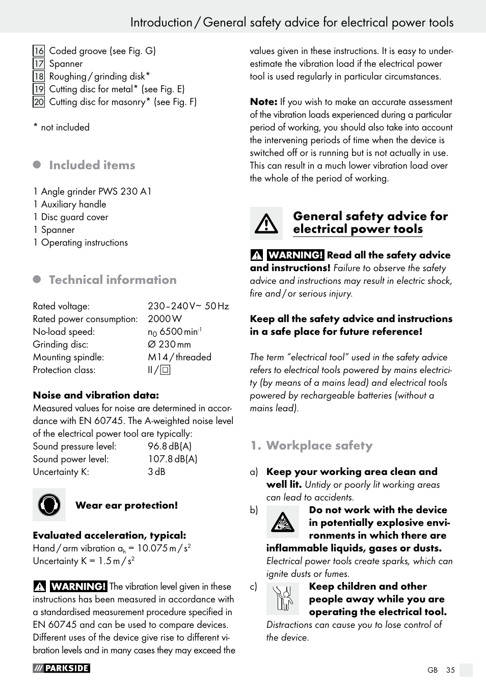 Included items, Technical information, General safety advice for electrical power tools | Workplace safety | Parkside PWS 230 A1 User Manual | Page 35 / 46