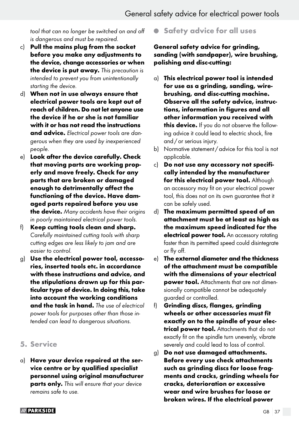 General safety advice for electrical power tools, Service, Safety advice for all uses | Parkside PWS 230 A1 User Manual | Page 37 / 46