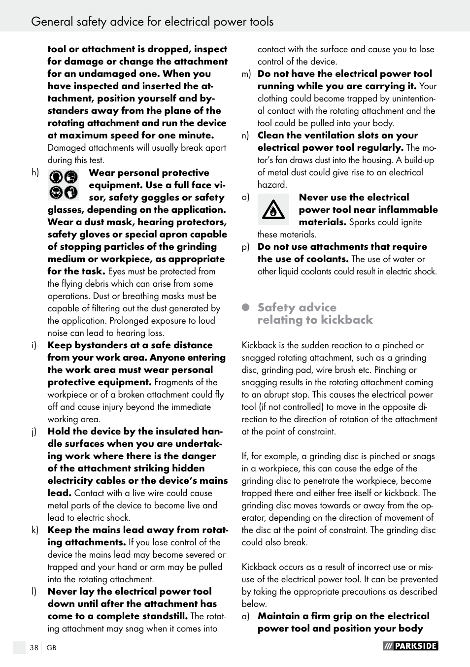 General safety advice for electrical power tools, Safety advice relating to kickback | Parkside PWS 230 A1 User Manual | Page 38 / 46