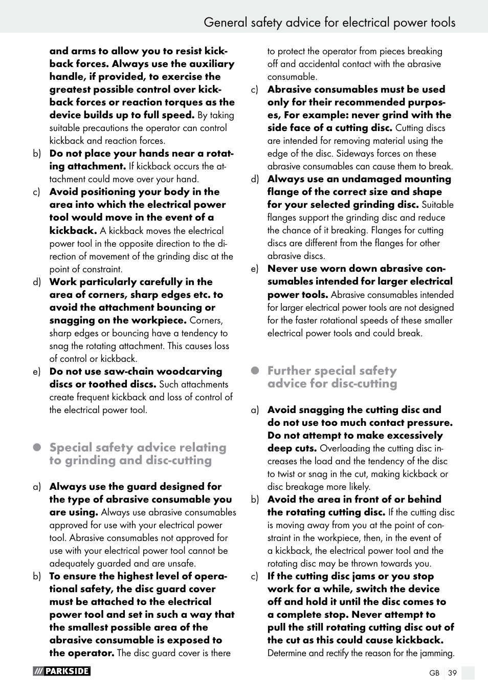 General safety advice for electrical power tools, Further special safety advice for disc-cutting | Parkside PWS 230 A1 User Manual | Page 39 / 46