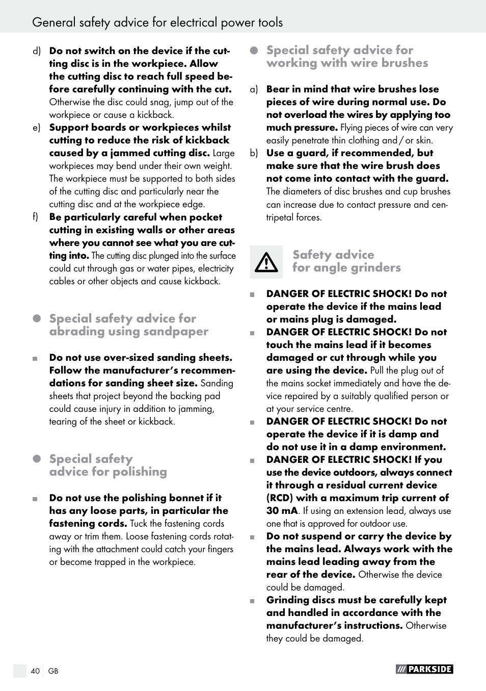 General safety advice for electrical power tools | Parkside PWS 230 A1 User Manual | Page 40 / 46