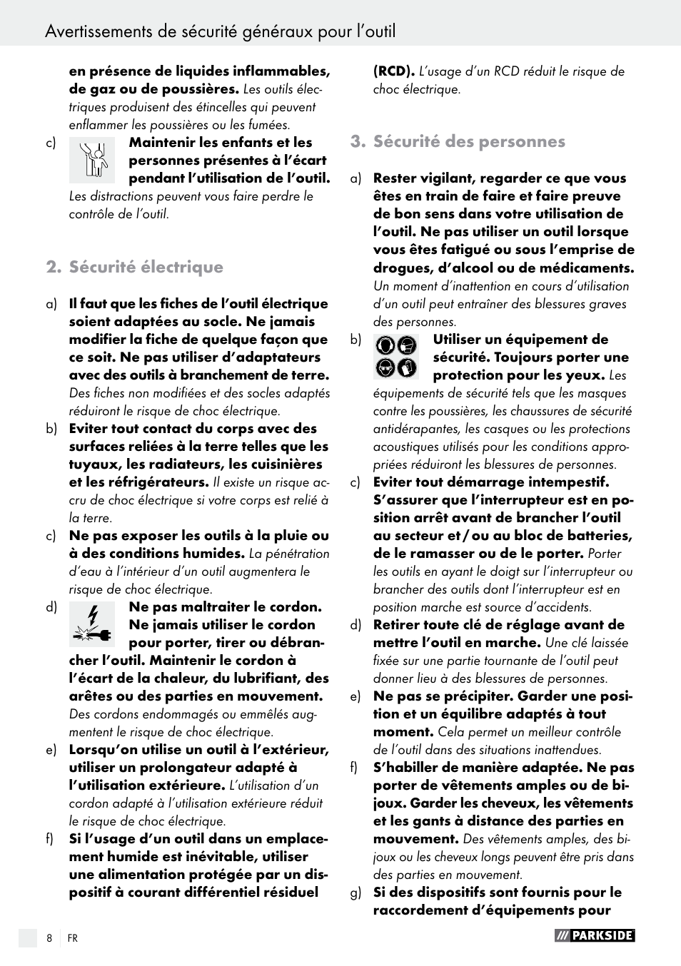 Avertissements de sécurité généraux pour l’outil, Sécurité électrique, Sécurité des personnes | Parkside PWS 230 A1 User Manual | Page 8 / 46