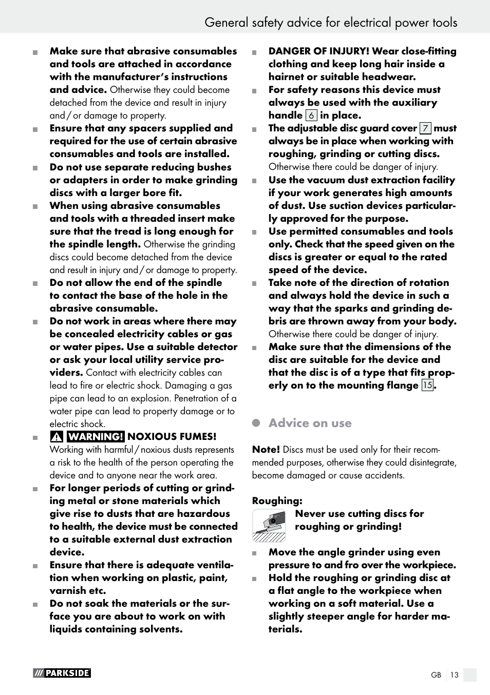 General safety advice for electrical power tools, Advice on use | Parkside PWS 230 A1 User Manual | Page 13 / 77