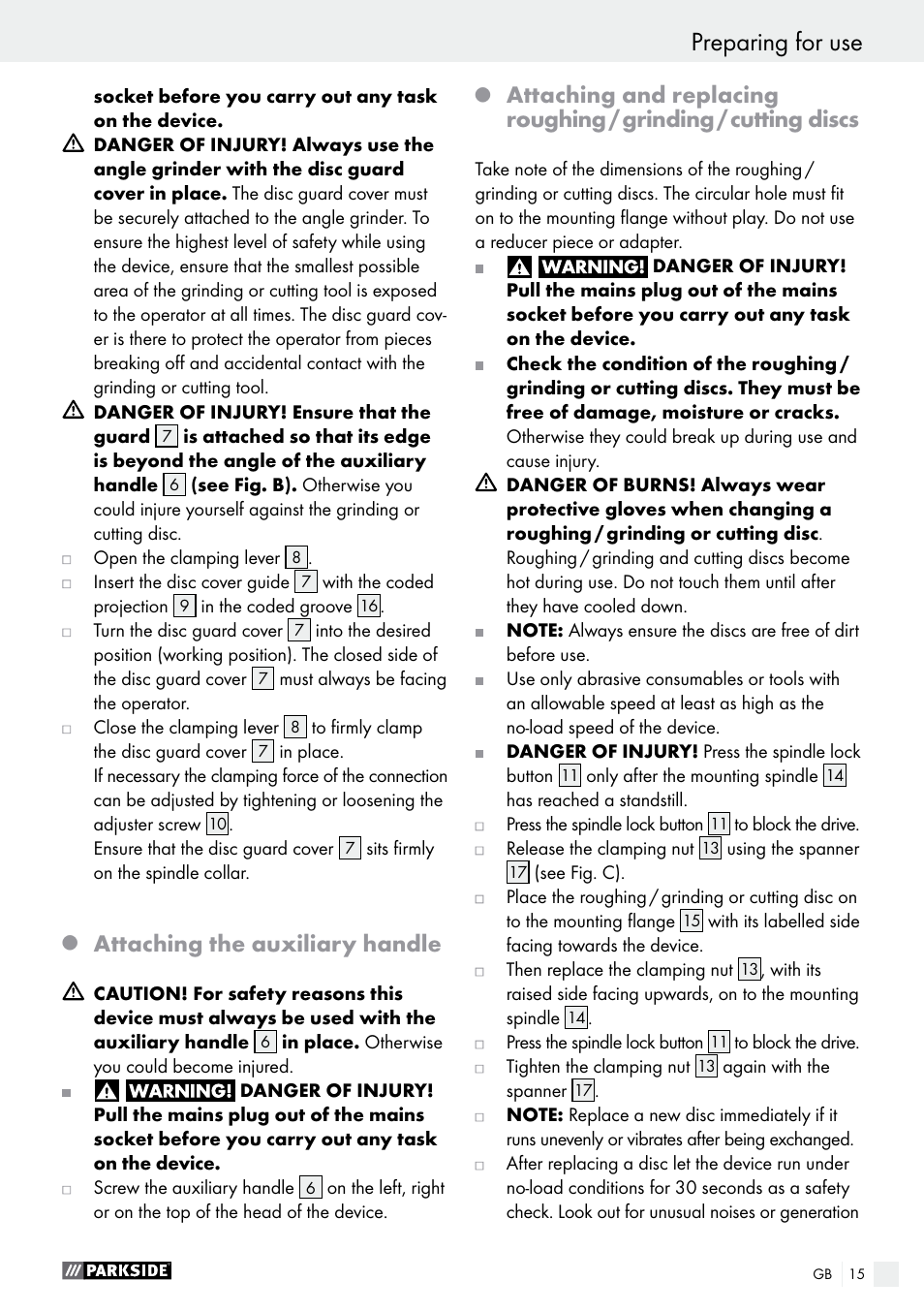 Attaching the auxiliary handle | Parkside PWS 230 A1 User Manual | Page 15 / 77
