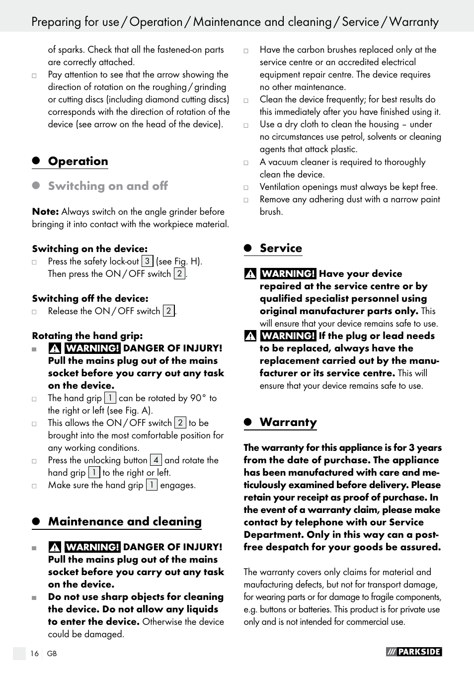 Operation, Switching on and off, Maintenance and cleaning | Service, Warranty | Parkside PWS 230 A1 User Manual | Page 16 / 77