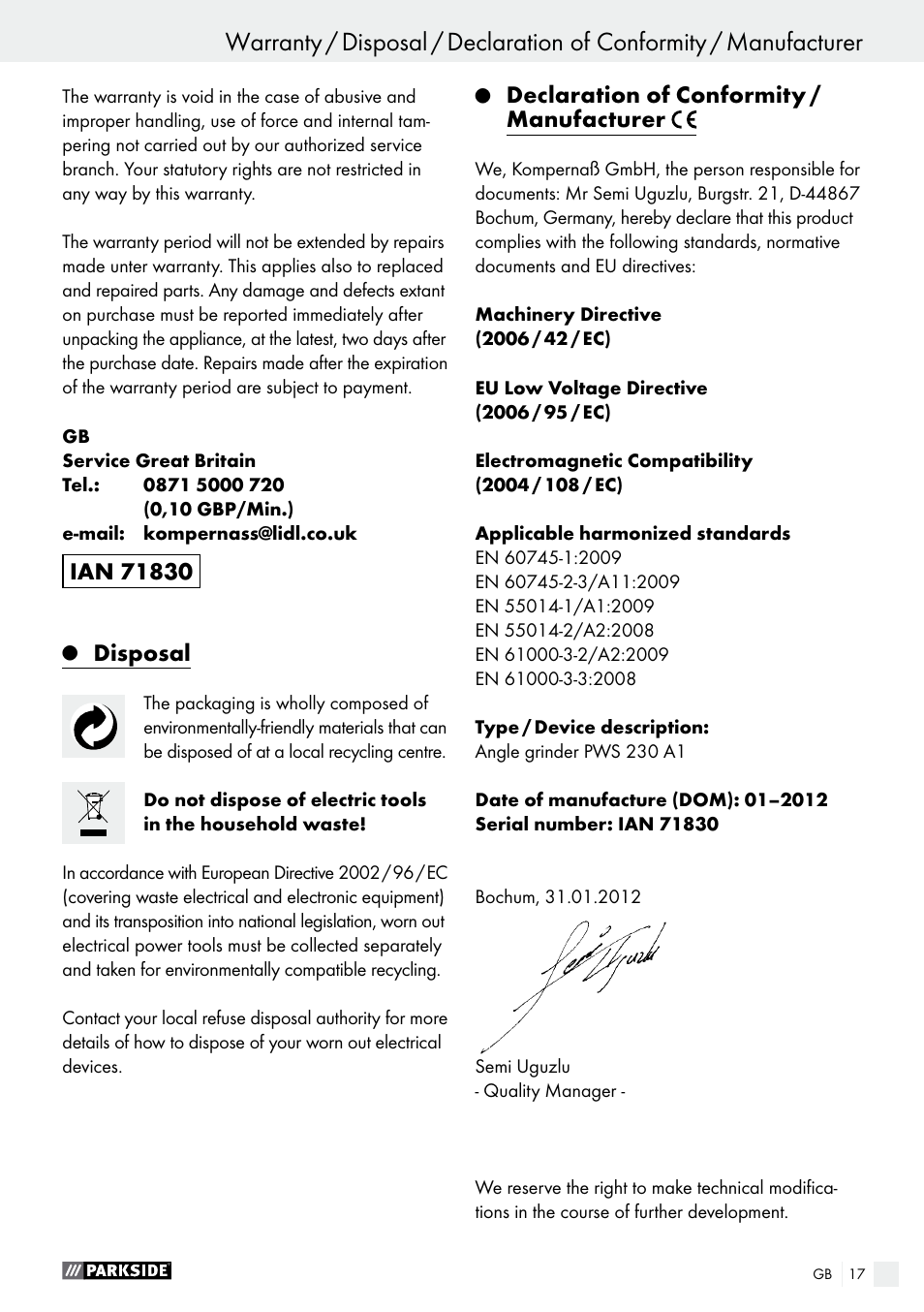 Disposal, Declaration of conformity / manufacturer | Parkside PWS 230 A1 User Manual | Page 17 / 77