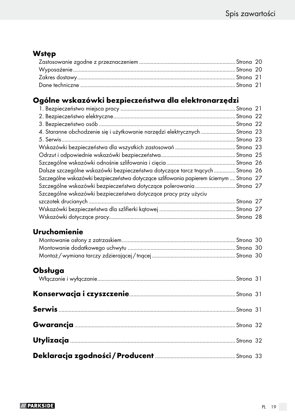 Spis zawartości | Parkside PWS 230 A1 User Manual | Page 19 / 77
