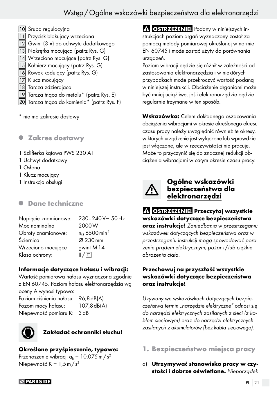 Zakres dostawy, Dane techniczne, Bezpieczeństwo miejsca pracy | Parkside PWS 230 A1 User Manual | Page 21 / 77