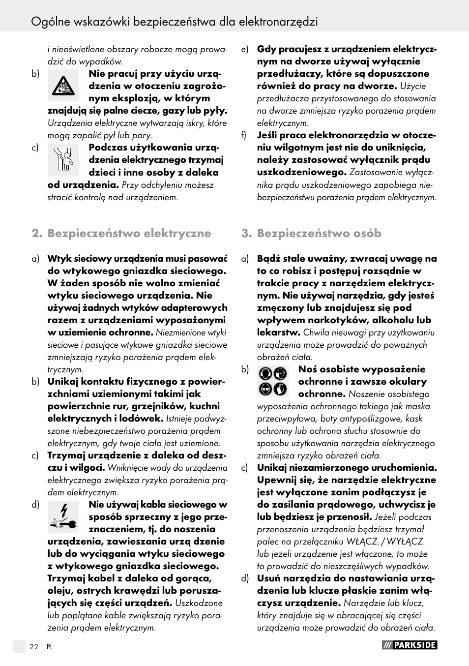 Bezpieczeństwo elektryczne, Bezpieczeństwo osób | Parkside PWS 230 A1 User Manual | Page 22 / 77
