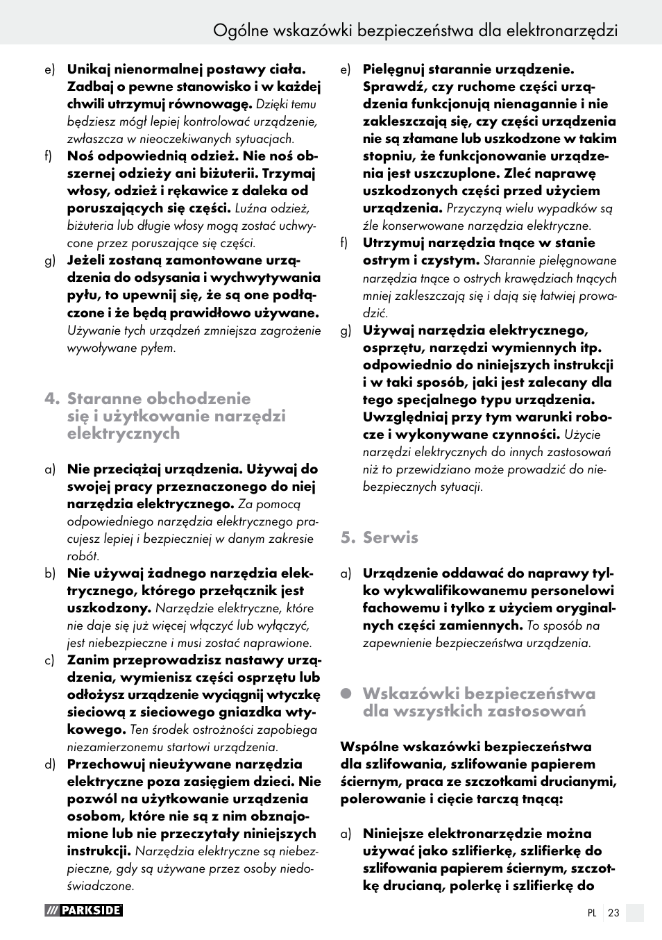 Serwis, Wskazówki bezpieczeństwa dla wszystkich zastosowań | Parkside PWS 230 A1 User Manual | Page 23 / 77