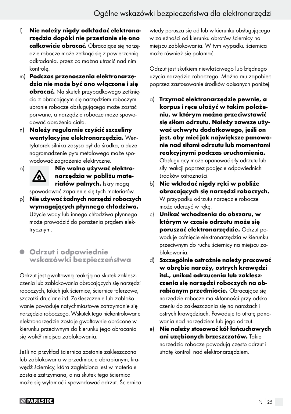 Odrzut i odpowiednie wskazówki bezpieczeństwa | Parkside PWS 230 A1 User Manual | Page 25 / 77