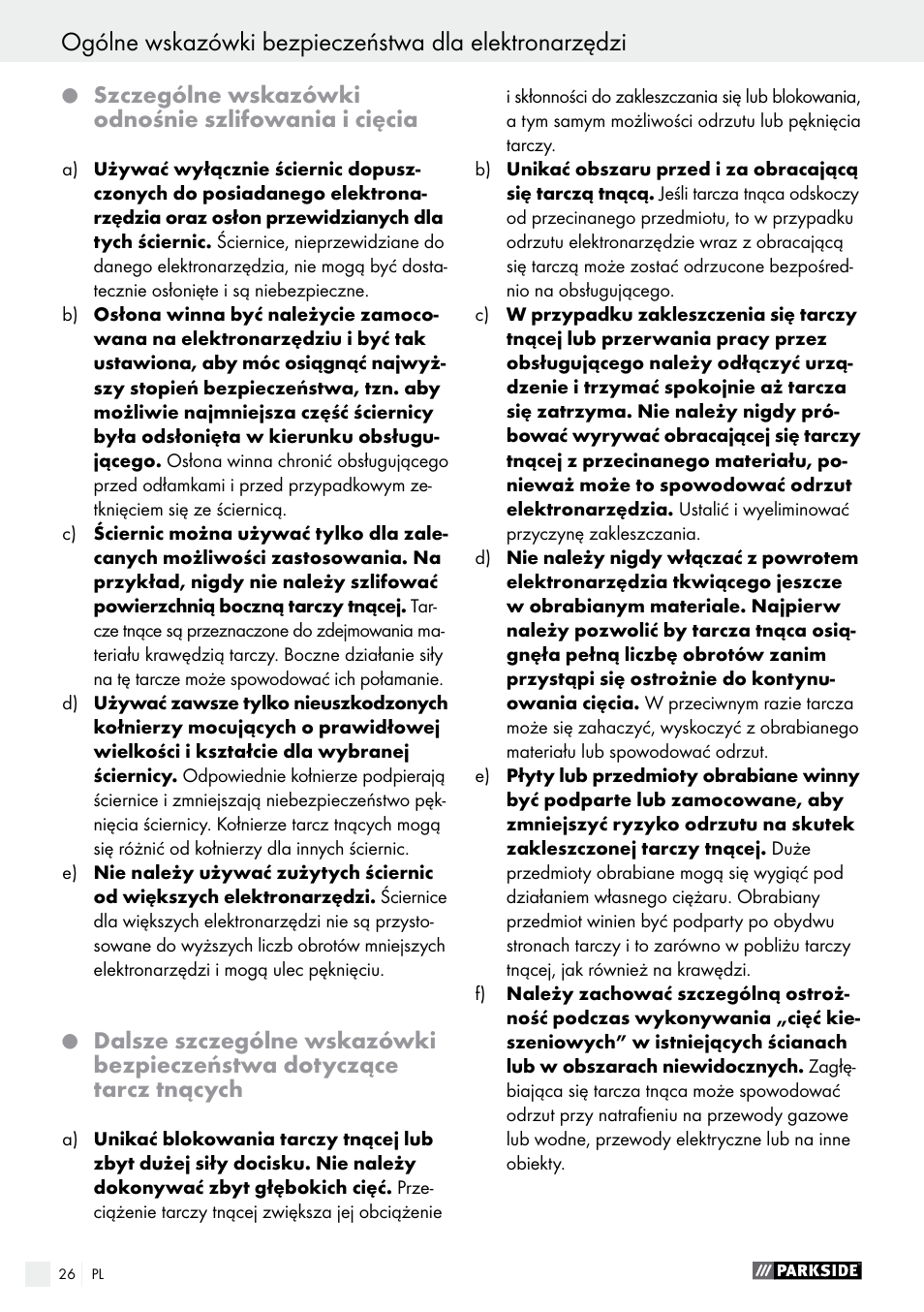 Szczególne wskazówki odnośnie szlifowania i cięcia | Parkside PWS 230 A1 User Manual | Page 26 / 77
