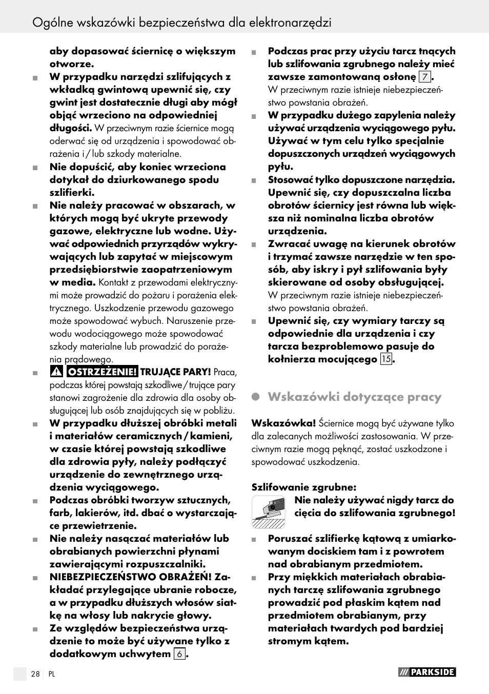 Wskazówki dotyczące pracy | Parkside PWS 230 A1 User Manual | Page 28 / 77