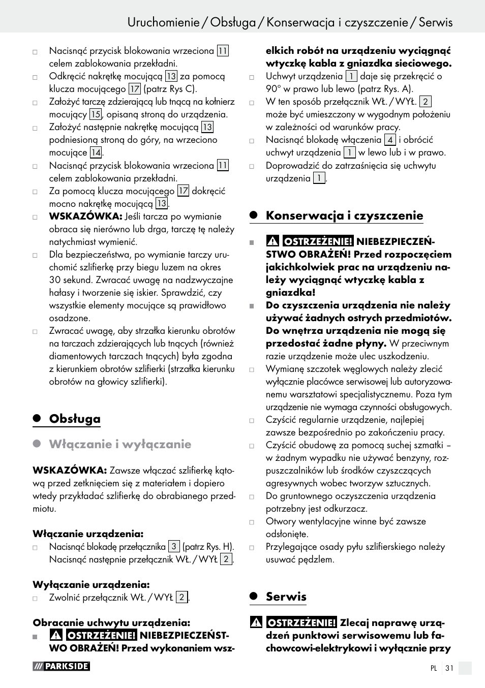 Obsługa, Włączanie i wyłączanie, Konserwacja i czyszczenie | Serwis | Parkside PWS 230 A1 User Manual | Page 31 / 77