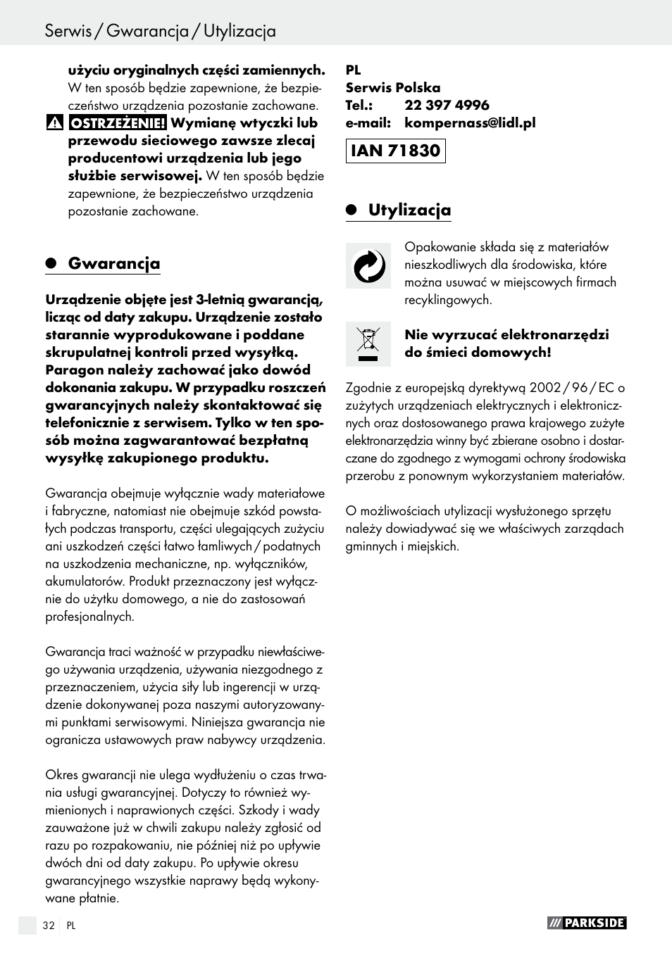 Gwarancja, Utylizacja | Parkside PWS 230 A1 User Manual | Page 32 / 77