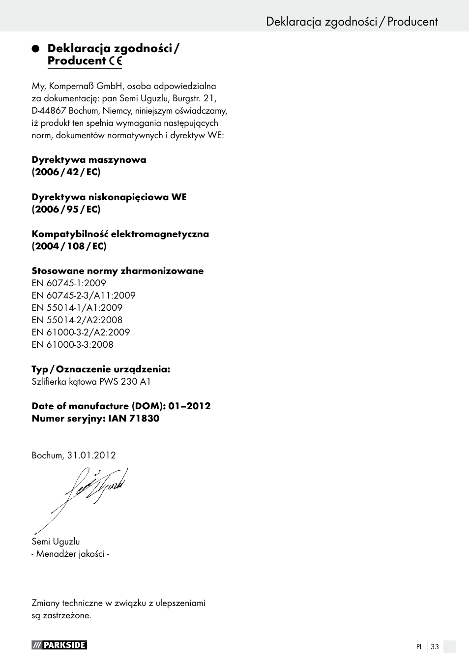 Deklaracja zgodności / producent, Serwis / gwarancja / utylizacja | Parkside PWS 230 A1 User Manual | Page 33 / 77