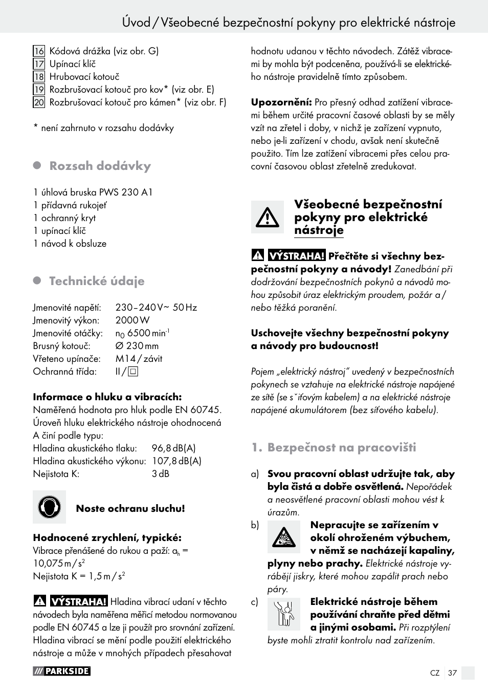 Rozsah dodávky, Technické údaje, Bezpečnost na pracovišti | Parkside PWS 230 A1 User Manual | Page 37 / 77