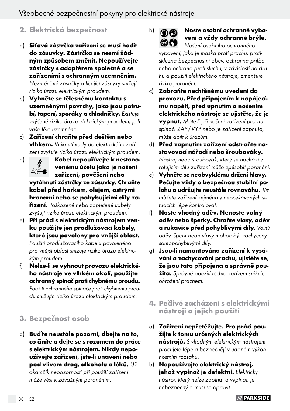 Elektrická bezpečnost, Bezpečnost osob | Parkside PWS 230 A1 User Manual | Page 38 / 77