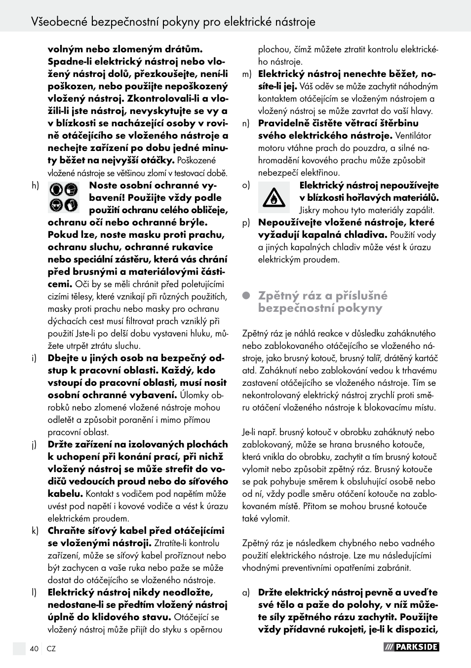 Zpětný ráz a příslušné bezpečnostní pokyny | Parkside PWS 230 A1 User Manual | Page 40 / 77